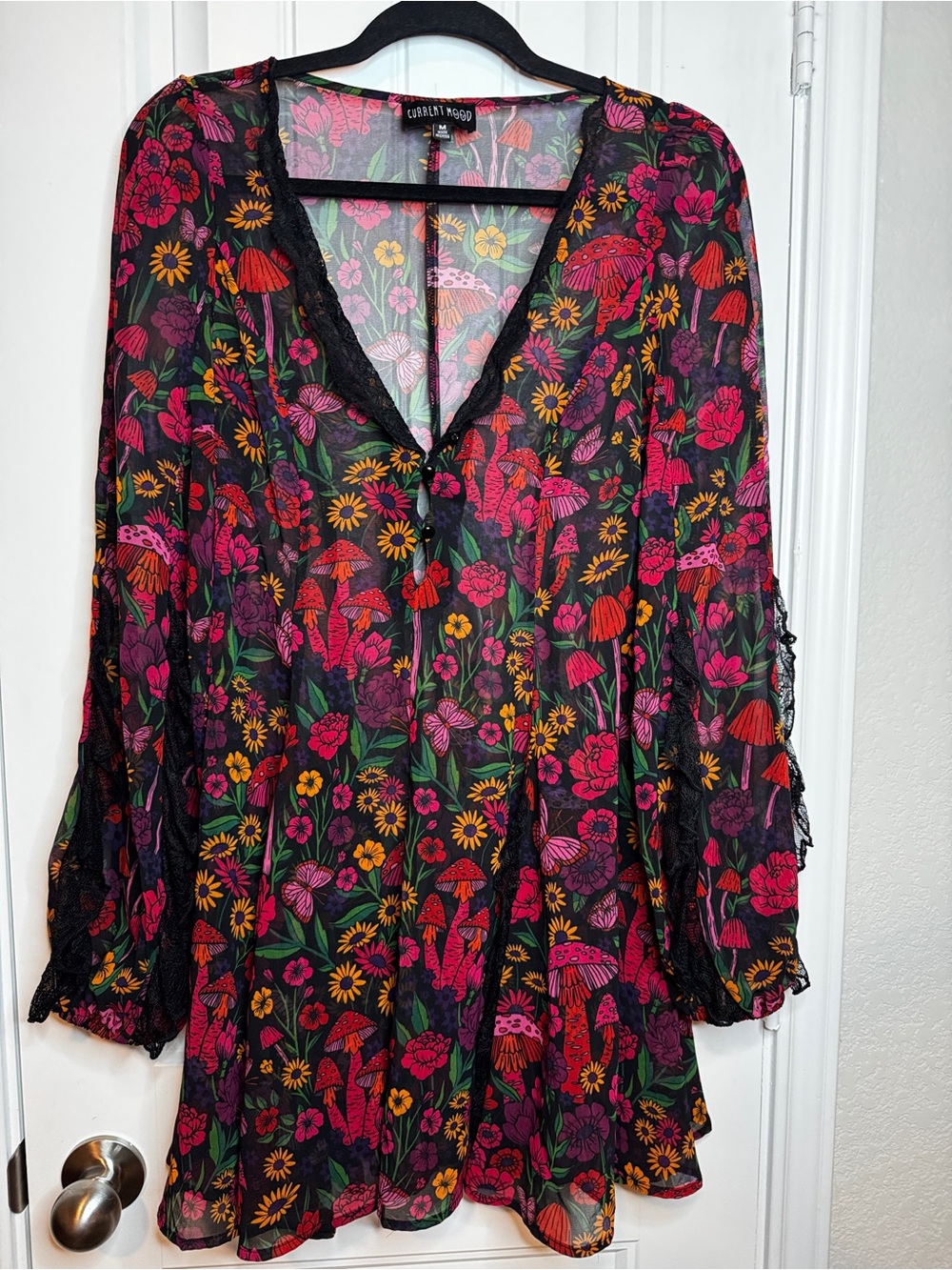Current Mood Dress Womens M Black Floral Mushroom Print Lace Bell Sleeve Mini